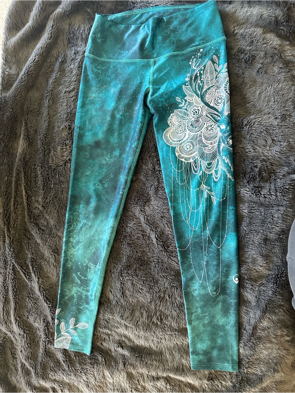My Inner Fire Teal Marble Leggings with White Floral Mandala Detail